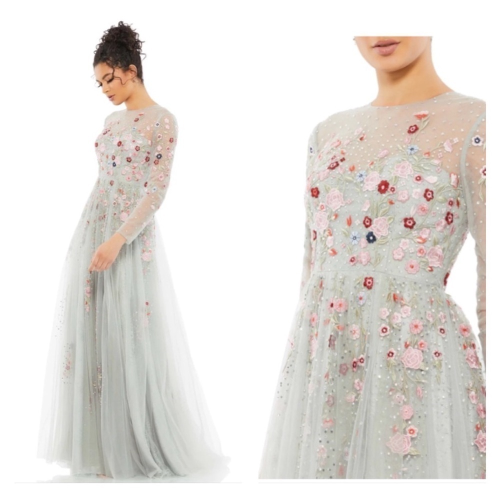 Mac Duggal  Platinum Gown with Floral Embroidery NWT Size 16
